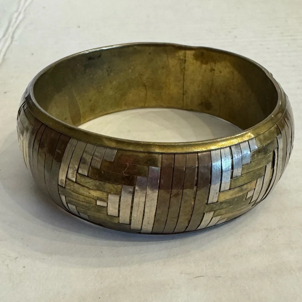 Vintage Metal Bangle Bracelet Tri-Color Woven Copper Bronze Silver Artsy Jewelry